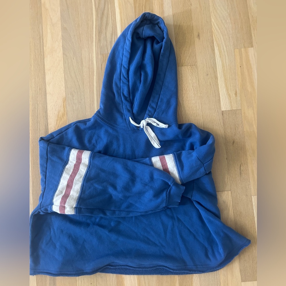 American Eagle Blue Crop Hoodie with Striped Sleeves
